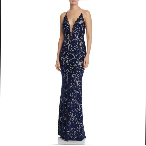 NWT Aidan by Aidan Mattox Lace V-Neck Mermaid Evening Dress Gown in Navy/nude - Picture 2 of 10